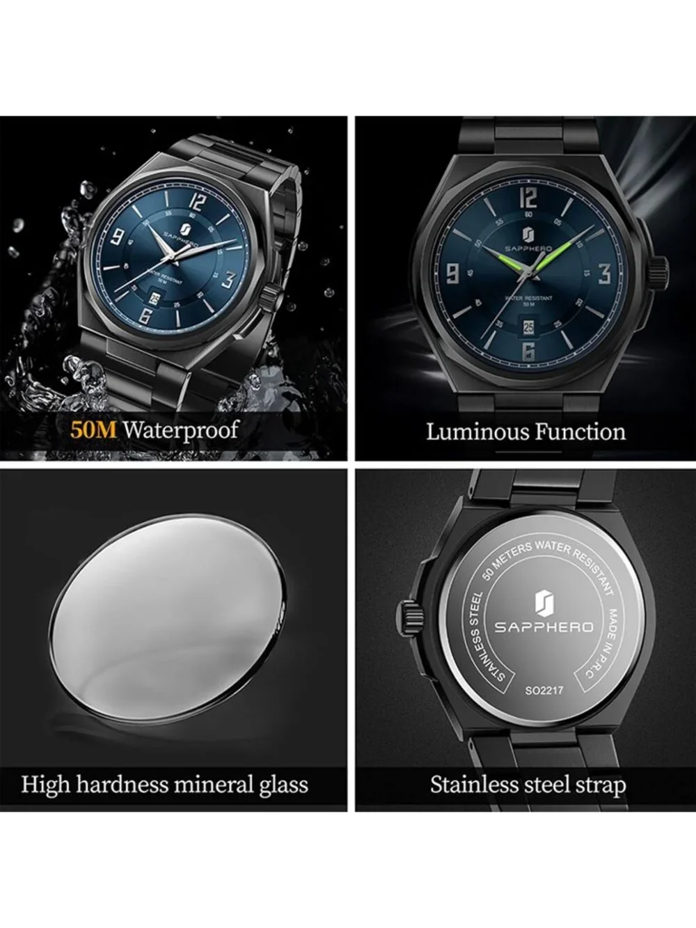 Men's Black/Blue Numeral Dial Stainless Steel Strap Analog Quartz Wrist Watch